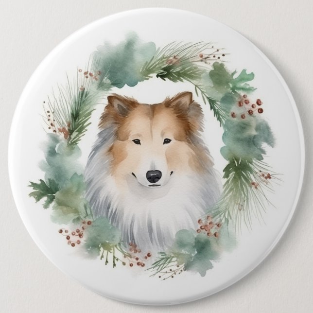 Rough Collie Christmas Wreath Festive Pup  6 Inch Round Button (Front)