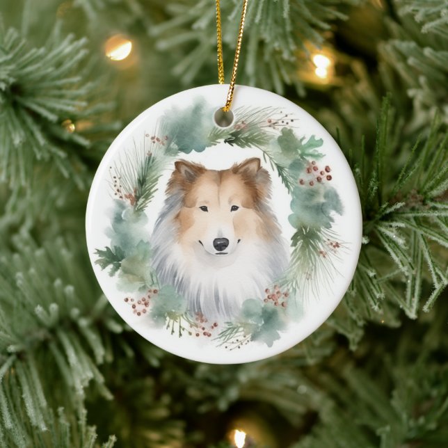 Rough Collie Christmas Wreath Festive Pup  Ceramic Ornament (Tree)