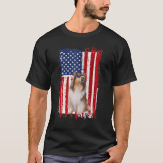 Rough Collie Dog American Flag Patriotic  4th Of J T-Shirt