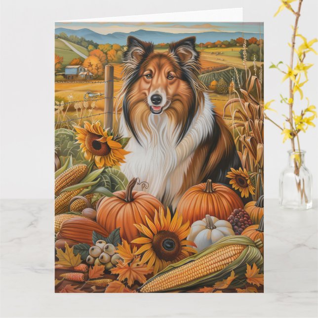 Rough Collie Dog Autumn Harvest Thanksgiving Card (Yellow Flower)