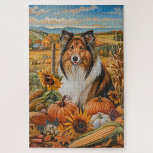 Rough Collie Dog Autumn Harvest Thanksgiving Jigsaw Puzzle