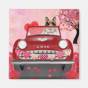 Rough Collie Dog Car with Hearts Valentine's Magnet