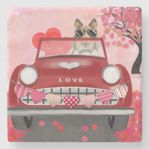 Rough Collie Dog Car with Hearts Valentine's Stone Coaster