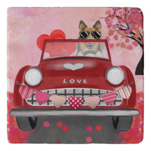 Rough Collie Dog Car with Hearts Valentine's  Trivet