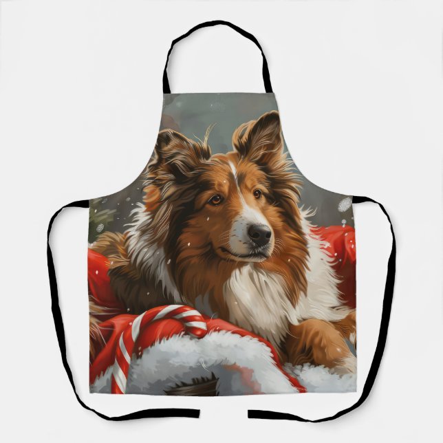 Rough Collie Dog Christmas Festive Apron (Front)