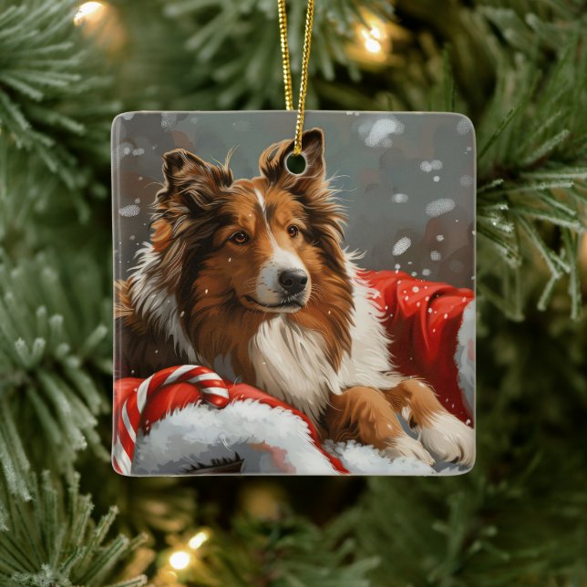 Rough Collie Dog Christmas Festive Ceramic Ornament (Tree)