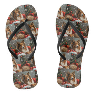 Rough Collie Dog Christmas Festive Flip Flops
