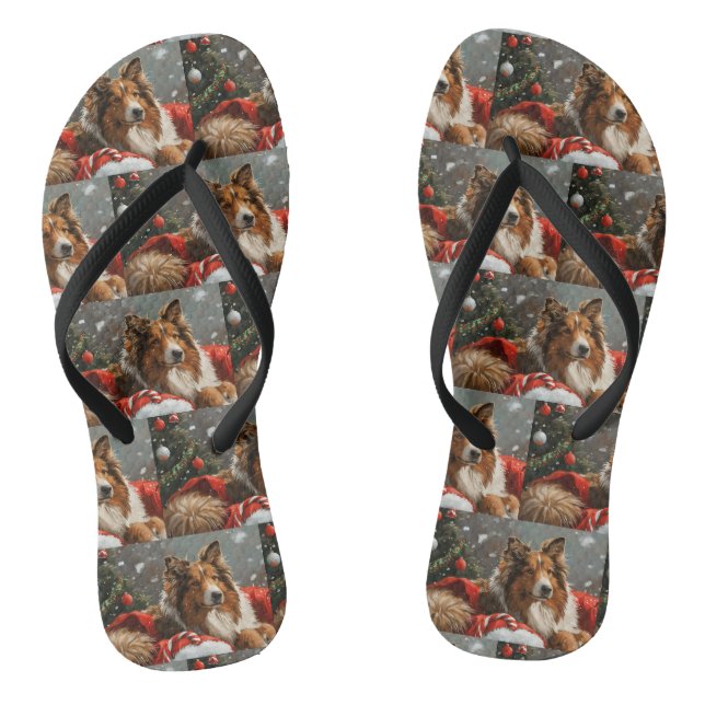 Rough Collie Dog Christmas Festive Flip Flops (Footbed)