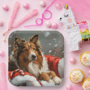 Rough Collie Dog Christmas Festive Paper Plate