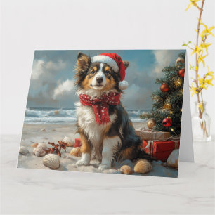 Rough Collie Dog Christmas Vintage Beach  Card