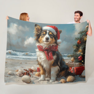 Rough Collie Dog Christmas Vintage Beach  Fleece Blanket