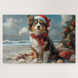 Rough Collie Dog Christmas Vintage Beach  Jigsaw Puzzle