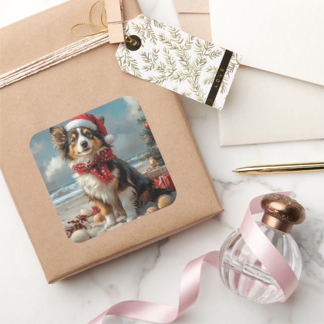 Rough Collie Dog Christmas Vintage Beach  Square Sticker (Gifting)