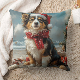 Rough Collie Dog Christmas Vintage Beach  Throw Pillow