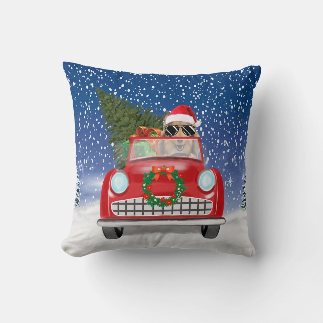Rough Collie Dog Driving Car In Snow Christmas  Throw Pillow (Front)