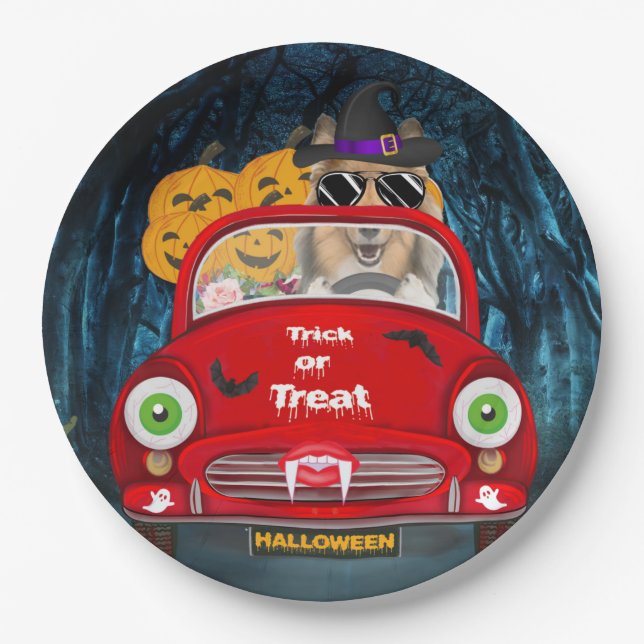 Rough Collie Dog Driving Car Scary Halloween Paper Plate (Front)
