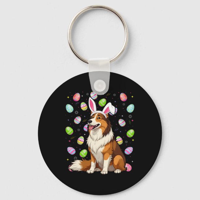 Rough Collie Dog Easter Egg Hunt Bunny Ear Easter  Keychain (Front)