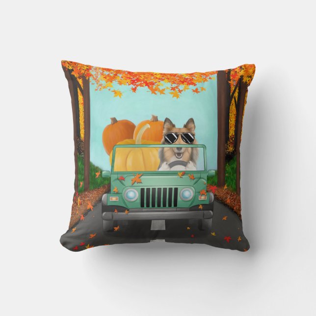 Rough Collie Dog Fall Pumpkin Throw Pillow (Front)
