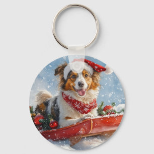Rough Collie Dog in Sledge Let it Snow Christmas Keychain