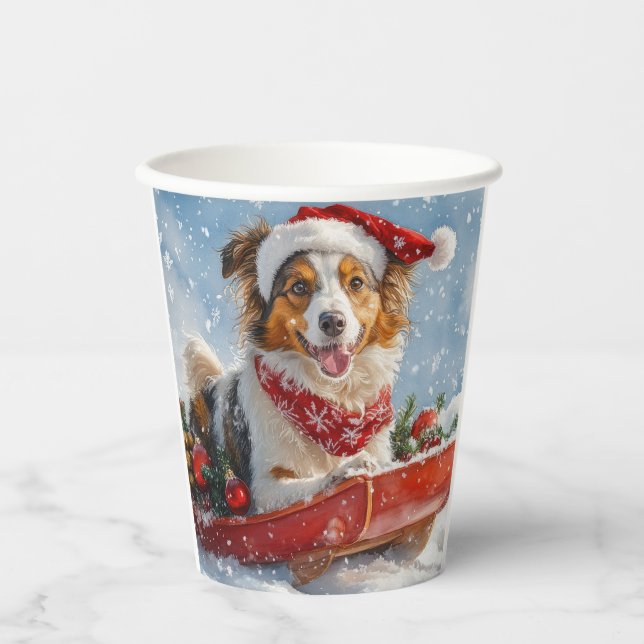Rough Collie Dog in Sledge Let it Snow Christmas Paper Cups (Front)