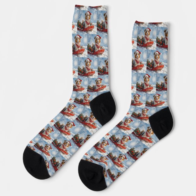 Rough Collie Dog in Sledge Let it Snow Christmas Socks (Left)