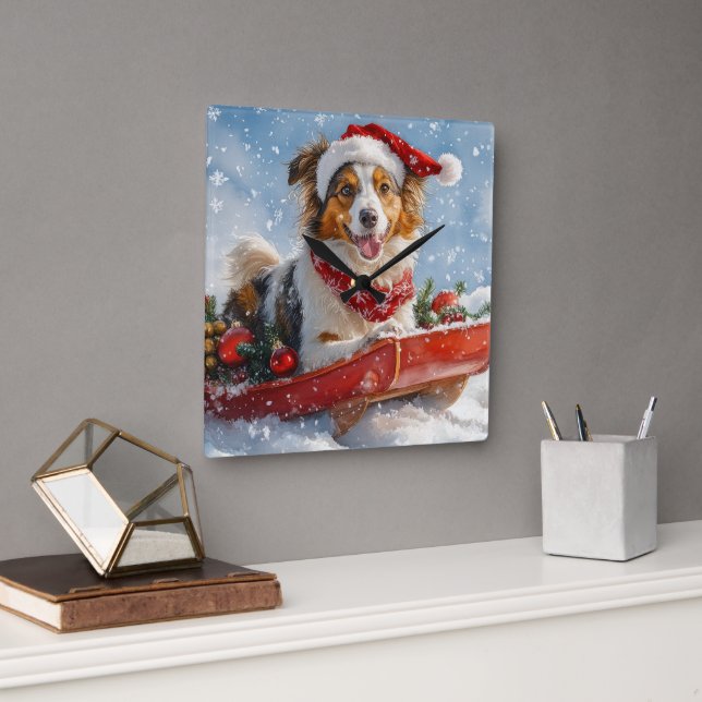 Rough Collie Dog in Sledge Let it Snow Christmas Square Wall Clock (Office)