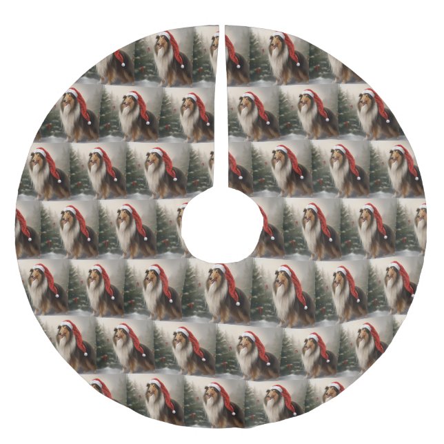 Rough Collie Dog in Snow Christmas Brushed Polyester Tree Skirt (Front)