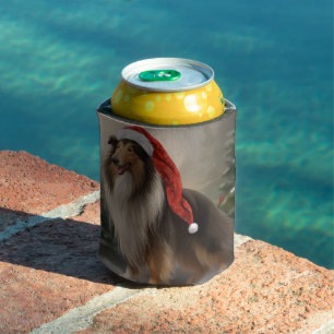 Rough Collie Dog in Snow Christmas Can Cooler