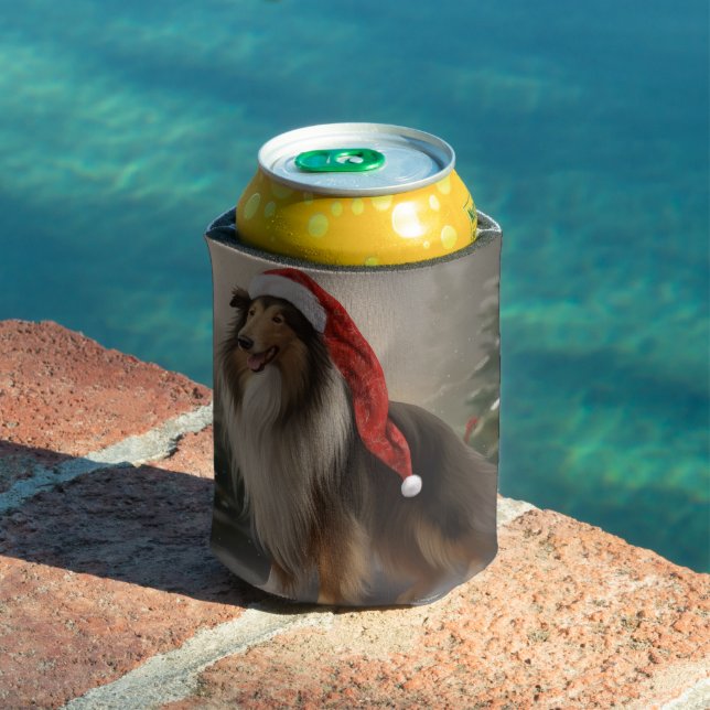 Rough Collie Dog in Snow Christmas Can Cooler (In Situ Pool)