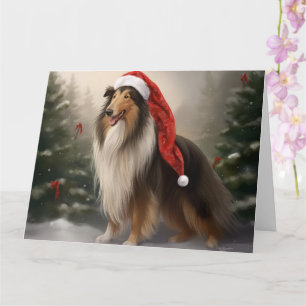 Rough Collie Dog in Snow Christmas Card