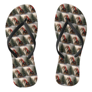Rough Collie Dog in Snow Christmas Flip Flops