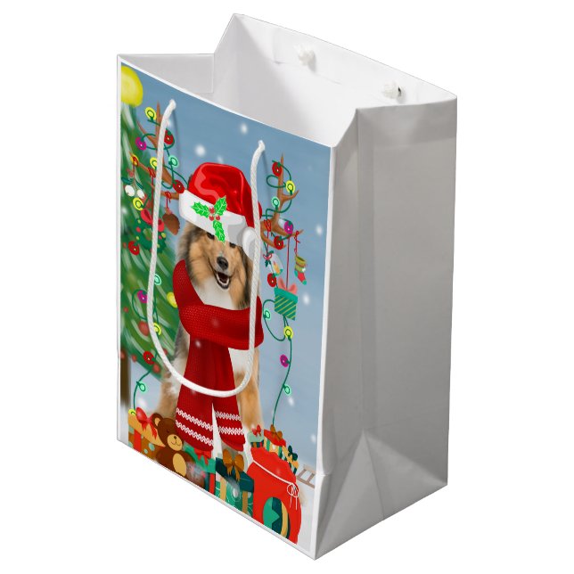 Rough Collie Dog in Snow Christmas Gift   Medium Gift Bag (Front Angled)