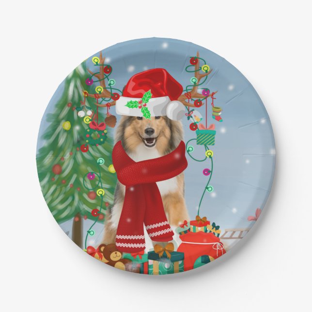 Rough Collie Dog in Snow Christmas Gift Paper Plate (Front)