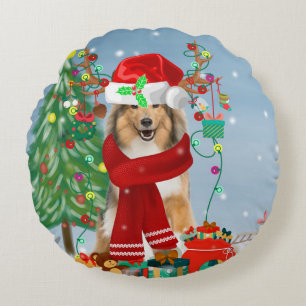 Rough Collie Dog in Snow Christmas Gift Round Pillow