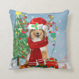 Rough Collie Dog in Snow Christmas Gift Throw Pillow