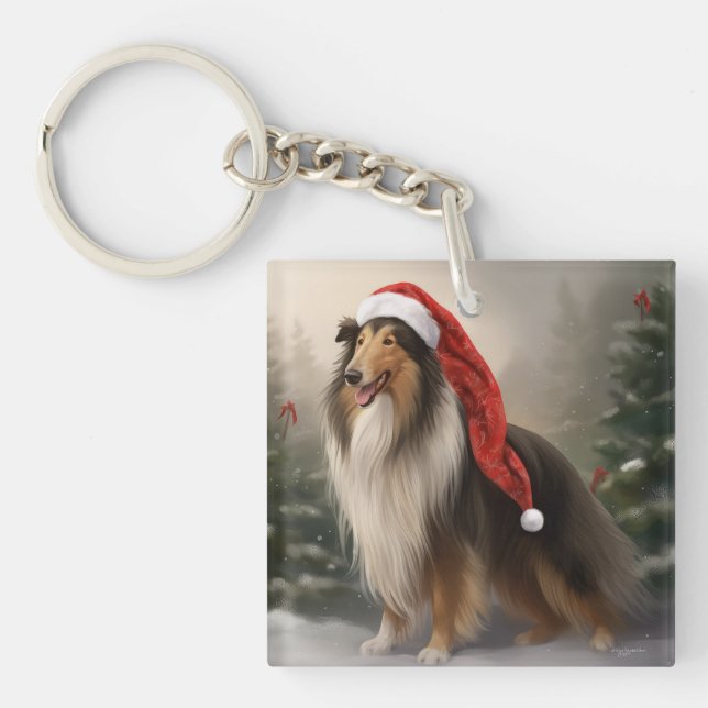 Rough Collie Dog in Snow Christmas Keychain (Front)
