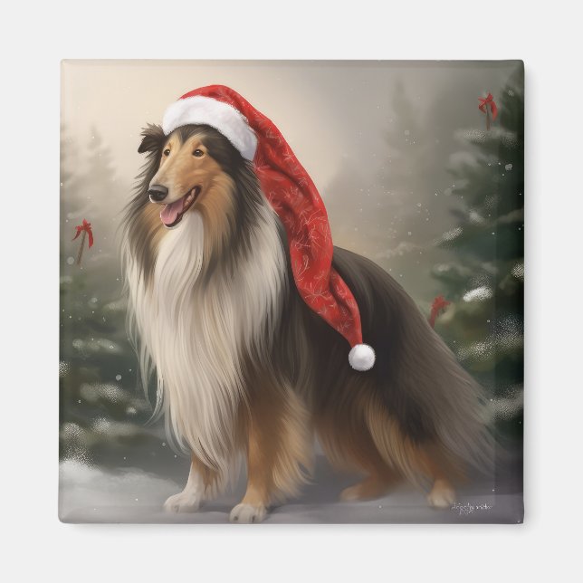 Rough Collie Dog in Snow Christmas Magnet (Front)