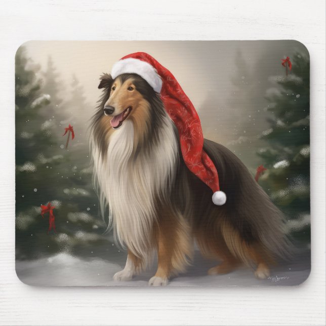 Rough Collie Dog in Snow Christmas Mouse Pad (Front)