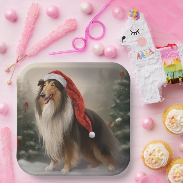 Rough Collie Dog in Snow Christmas Paper Plate (Party)