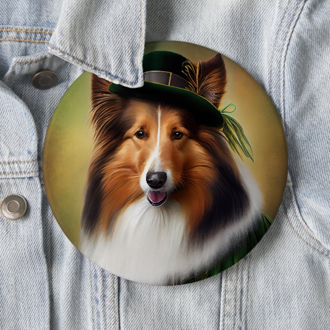 Rough Collie Dog in St. Patrick's Day Dress 6 Inch Round Button (In Situ)