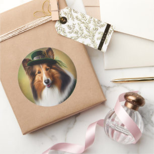 Rough Collie Dog in St. Patrick's Day Dress Classic Round Sticker