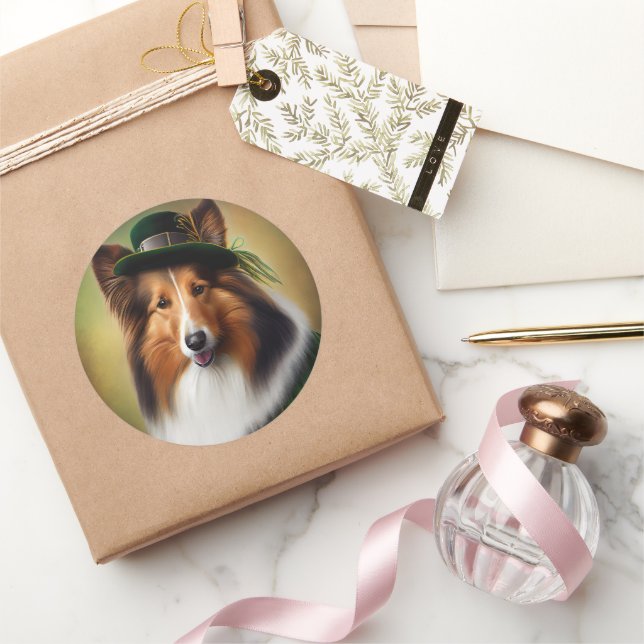 Rough Collie Dog in St. Patrick's Day Dress Classic Round Sticker (Gifting)