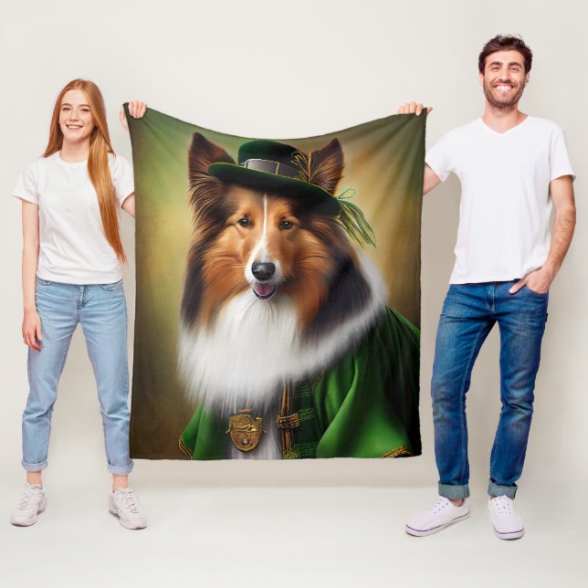Rough Collie Dog in St. Patrick's Day Dress Fleece Blanket (In Situ)