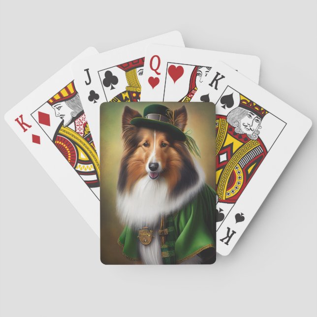 Rough Collie Dog in St. Patrick's Day Dress Playing Cards (Back)
