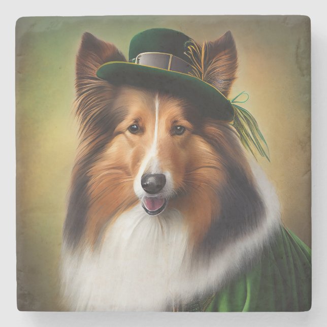 Rough Collie Dog in St. Patrick's Day Dress Stone Coaster (Front)
