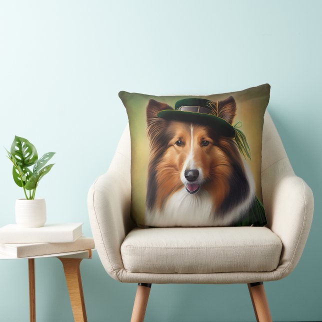 Rough Collie Dog in St. Patrick's Day Dress Throw Pillow (Chair)