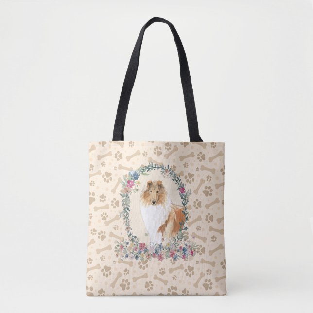 Rough Collie Dog Paw Print & Dog Bone Cute  Tote Bag (Front)