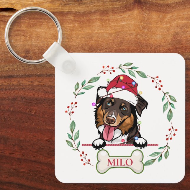 Rough Collie Dog Personalized Christmas Gift Keychain (Front)