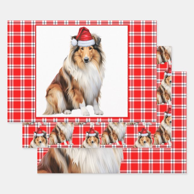 Rough Collie Dog Red Plaid Christmas Wrapping Paper Sheet (Set)