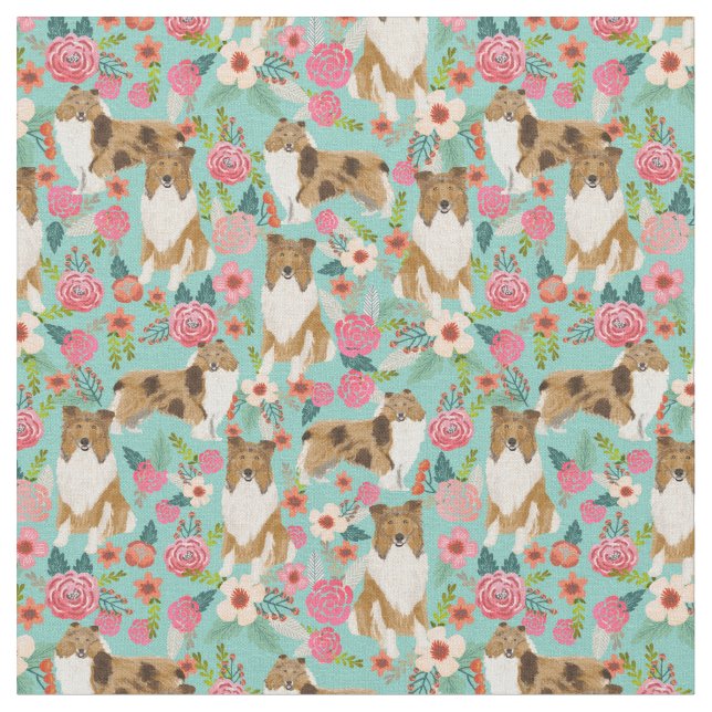 rough collie dog vintage florals mint fabric (Close Up)